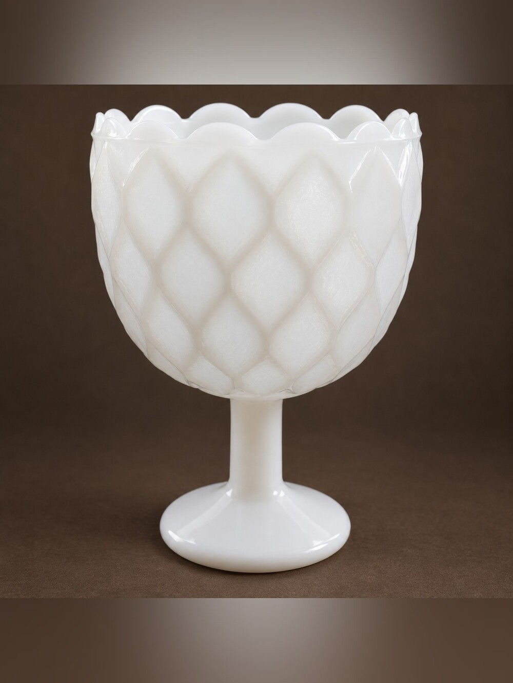 Vintage White Milk Glass Artichoke Leaf Pedestal Vase Compote Scalloped Rim